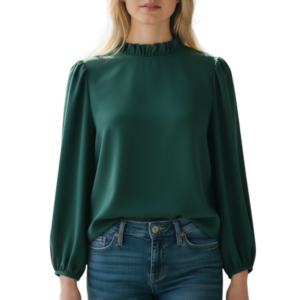 J.Crew Ruffle Neckline Long Sleeve Green Blouse Size Medium